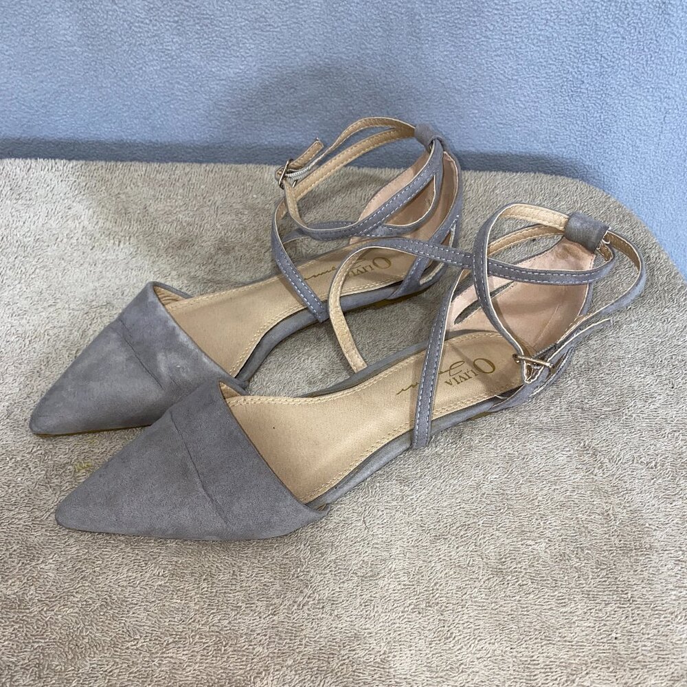 Olivia Miller Gray Faux Suede Pointed Toe Ankle Strap Flats Size 7.5 – D’Orsay